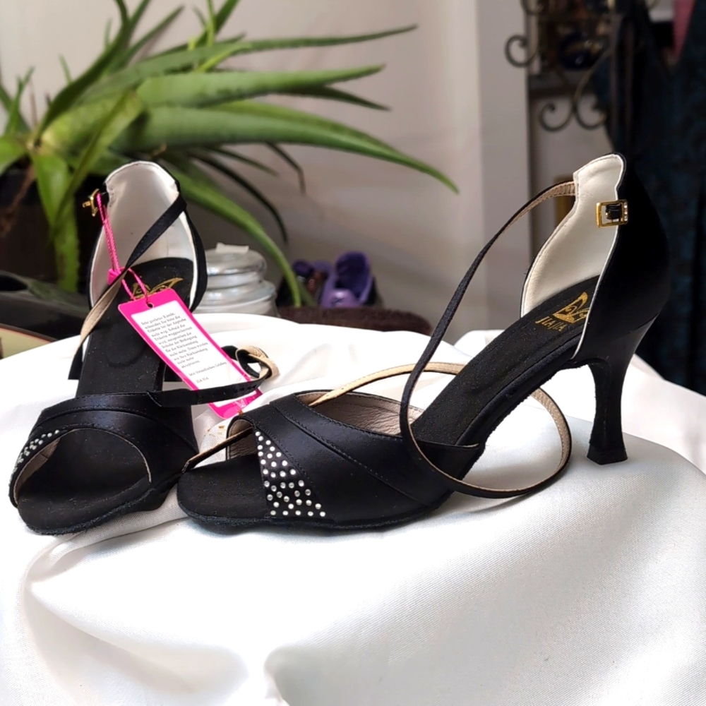JIAJIA black satin heels with bling